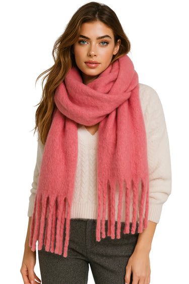 Woman wearing a pink scarf on a white background